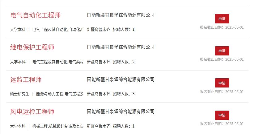 <p>电气自动化工程师</p> <p>国能新疆甘泉堡综合能源有限公司</p> <p>大学本科电气工程及其自动化,自动化,新疆乌鲁木齐招聘人数:1</p> <p>申请</p> <p>报名截止日期:2025-06-01</p> <p>继电保护工程师</p> <p>国能新疆甘泉堡综合能源有限公司</p> <p>大学本科电气工程及其自动化,电气类相新疆乌鲁木齐招聘人数:2</p> <p>申请</p> <p>报名截止日期:2025-06-01</p> <p>运监工程师</p> <p>国能新疆甘泉堡综合能源有限公司</p> <p>硕士研究生能源与动力工程,电气工程及新疆乌鲁木齐招聘人数:3</p> <p>申请</p> <p>报名截止日期:2025-06-01</p> <p>风电运检工程师</p> <p>国能新疆甘泉堡综合能源有限公司</p> <p>大学本科机械工程,机械设计制造及其自新疆乌鲁木齐招聘人数:1</p> <p>申请</p> <p>报名截止日期:2025-06-01</p>