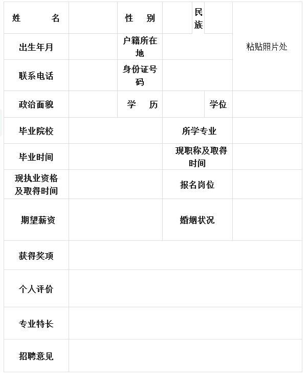 <p>民</p> <p>姓</p> <p>名</p> <p>性别</p> <p>族</p> <p>户籍所在</p> <p>出生年月</p> <p>粘贴照片处</p> <p>地</p> <p>身份证号</p> <p>联系电话</p> <p>码</p> <p>政治面貌</p> <p>学历</p> <p>学位</p> <p>毕业院校</p> <p>所学专业</p> <p>现职称及取得</p> <p>毕业时间</p> <p>时间</p> <p>现执业资格</p> <p>报名岗位</p> <p>及取得时间</p> <p>期望薪资</p> <p>婚姻状况</p> <p>获得奖顶</p> <p>个人评价</p> <p>专业特长</p> <p>招聘意见</p>