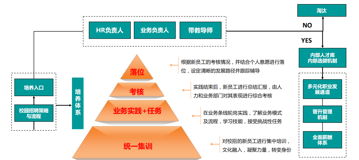 <p>淘汰</p> <p>NO</p> <p>HR负责人</p> <p>业务负责人</p> <p>带教导师</p> <p>YES</p> <p>内部人才库</p> <p>根据新员工的考核情况，并结合个人意愿进行落</p> <p>内部选拔机制</p> <p>落位</p> <p>位，设定清晰的发展路径并跟踪辅导</p> <p>培养入口</p> <p>实践结束后，新员工进行总结汇报，由人</p> <p>多元化职业发</p> <p>玛撒投照</p> <p>考核</p> <p>展通道</p> <p>力和业务部门对其表现进行综合考核</p> <p>校园招聘策略</p> <p>业务实践+任务</p> <p>在业务条线轮岗实践，了解业务模式</p> <p>晋升管理</p> <p>与流程</p> <p>机制</p> <p>及流程，学习技能，接受挑战性任务</p> <p>全面薪酬</p> <p>对校招的新员工进行集中培训，</p> <p>体系</p> <p>统一集训</p> <p>文化融入，凝聚力量，转变身份</p>